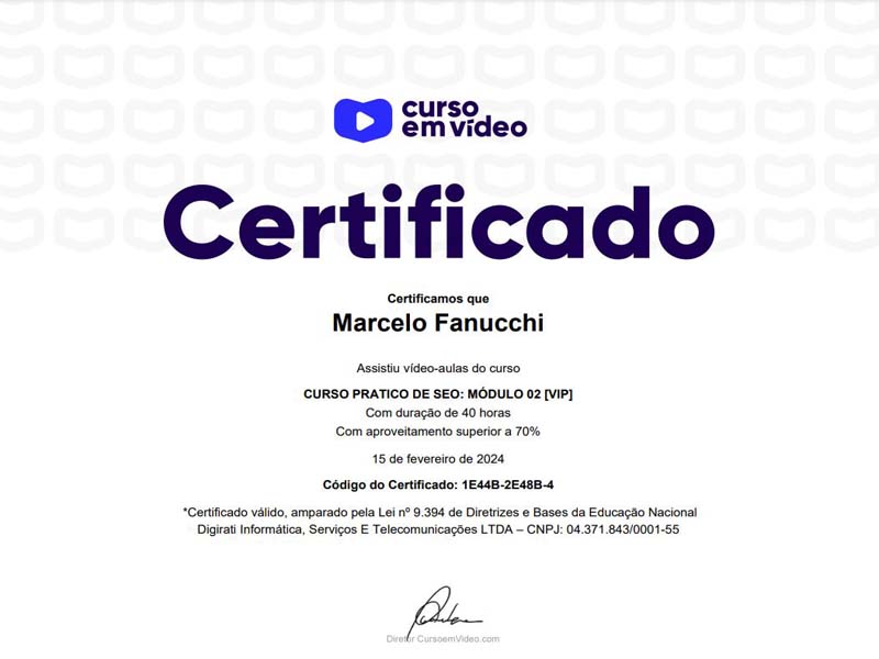 Certificado de conclusão: Curso Prático de SEO, Módulo 02 [VIP]
